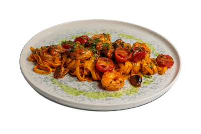 TAGLIATELLE CU CREVEȚI, ROȘII CHERRY ȘI PORCINI (HRIBI) - 400 g